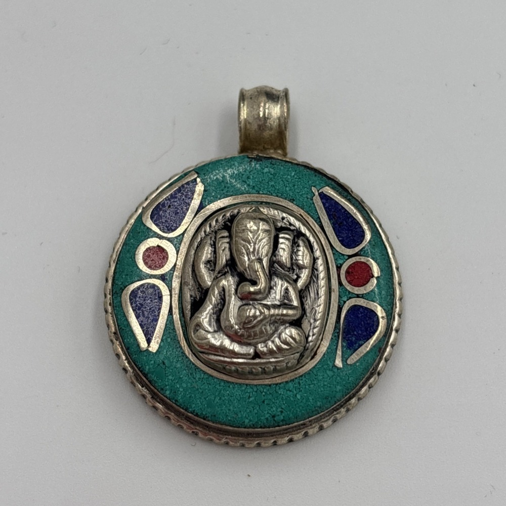 Tibet Elephant Tibetan Silver & Turquoise Ganesh‎ Amulet For Necklace Jewelry